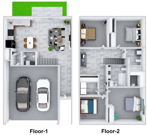 two floor plans of a house with a car in the garage